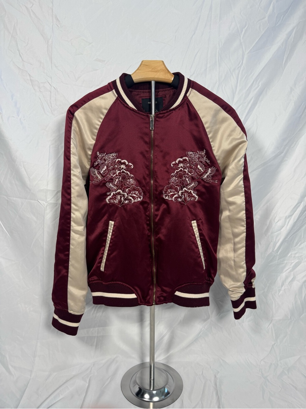 Forever 21 Burgundy Satin Bomber Jacket with Cream Accent